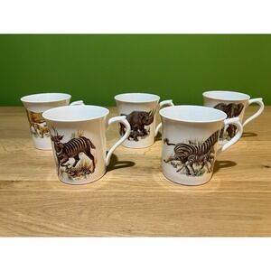 Rosina Mug Set 5 Fine Bone China England Safari Animals Rhino Lion Zebra Antelop